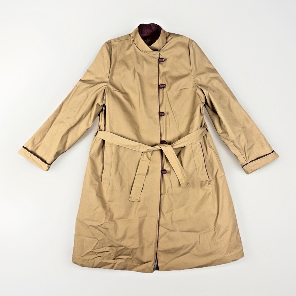 VTG Sears Belted Coat Womens Lg Tan Burgundy Trim Toggle Buttons Mandarin Collar